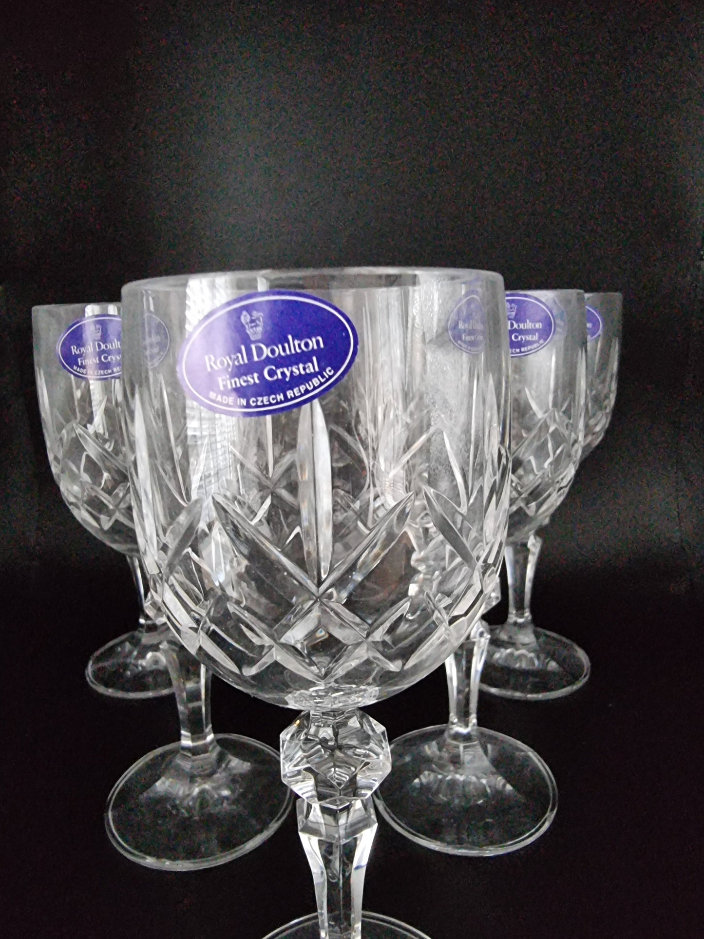 Vintage Royal Doulton Set of 6 Crystal wine glasses, Boxed. Stratford design.