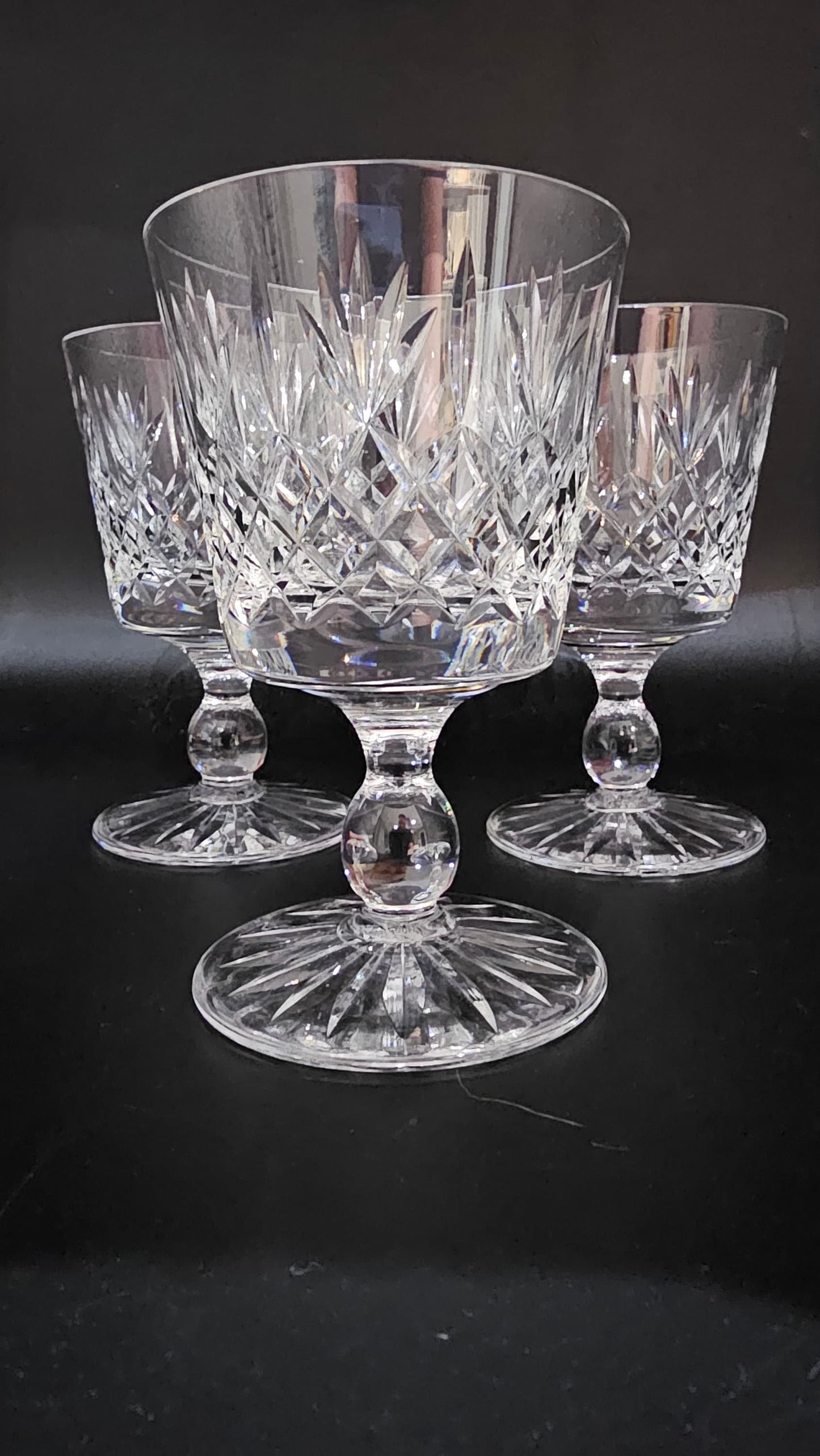 Trio of small Thomas Webb Vintage crystal wine glasses